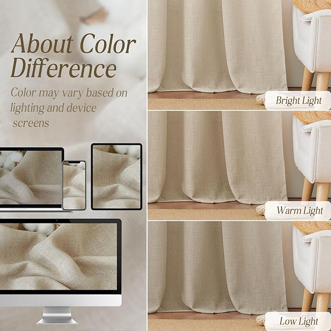 RYB HOME Linen Curtains for Living Room Dining Room, Semi Sheer Linen Burlap Vertical Texture Modern Airy Privacy Protection Light Filtering for Bedroom, W 60 x L 84 inches, Beige, 1 Panel