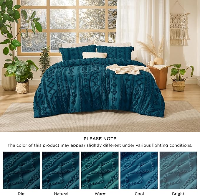 Bedsure Tufted Boho Comforter Set California King - Teal Boho Bed Set, GentleSoft 3 Pieces Farmhouse Shabby Chic Embroidery Bedding, Gifts for Woman, Soft Jacquard Comforter for All Seasons