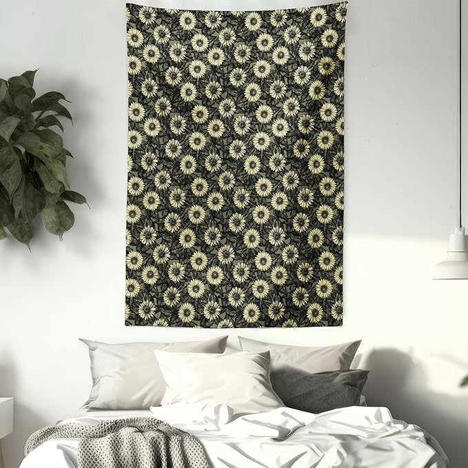 Lunarable Sunflower Tapestry Twin Size, Abstract Nature Inspired Illustration Bouquet Retro Composition, Wall Hanging Bedspread Bed Cover Wall Decor, Twin Size, Yellow Green