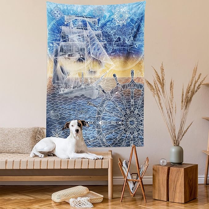 Ambesonne Mandala Tapestry, Nautical Print with Mandala Patterns Explorer Ship Map of The World Steering Wheel Sails, Wall Hanging for Bedroom Living Room Dorm Decor, 40" X 60", Blue Yellow