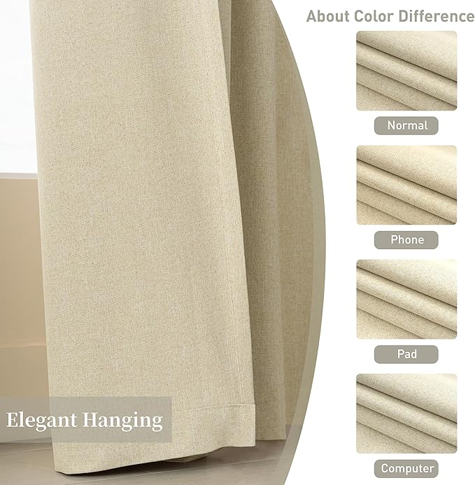 KangBang Latte Beige Blackout Curtains 102 Inches Long, Thermal Insulated Light Blocking Back Tab Pleated Curtains for Living Room, Soft Linen Textured Farmhouse Boho Curtains 2 Panels, 52x102 Inch