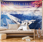Ambesonne Europe Tapestry, Mountain Peak Snowy Winter Colorful Sky Sunbeams Adventure Austria, Wide Wall Hanging for Bedroom Living Room Dorm, 80" X 60", Coral Night