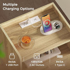 SUPERJARE Nightstand with Charging Station & Rattan-Like Decor Drawer, Rattan End Table with Solid Wood Feet, Bed Side Table with Open Storage, for Bedroom, Living Room, Dormitory - Natural