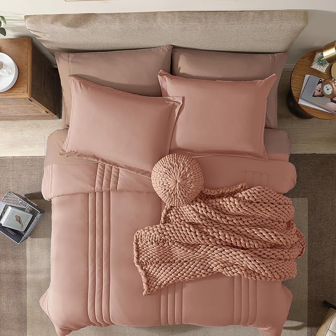 Monbix Full Comforter Set - 7 Pieces Clay Pink Bed in a Bag Full Size Bedding Sets with Comforters, All Seasons Down Alternative Comforter with Sheets,Pillowcases & Shams