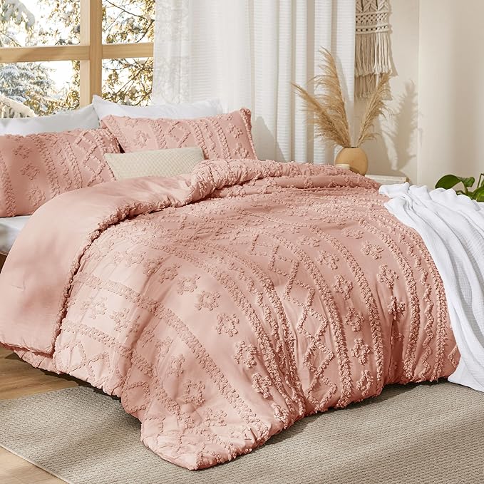 Bedsure Tufted Boho Comforter Set Twin Size - Pink Boho Bed Set, GentleSoft™ 2 Pieces Farmhouse Shabby Chic Embroidery Bedding, Gifts for Woman, Soft Jacquard Twin Comforter for All Seasons