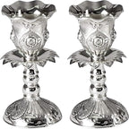 Ner Mitzvah Silver Plated Candlesticks, Pair of 4 Inch Ornate Candle Holders with Round Base and Floral Design (Pack of 2)