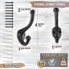 Rustic Cast Iron Coat Hooks (5 Pack) Wall Mounted Farmhouse Decorative Wall Hooks, Vintage Hooks for Hanging Coats, Bags, Hats, Towels (Antique Black, Includes Hardware)