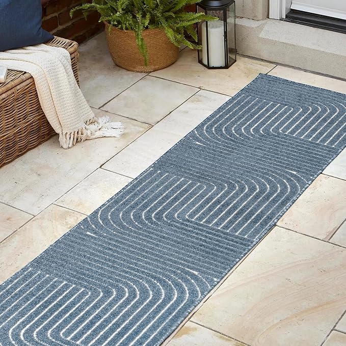 Eyely NCS101D-28 Odense High-Low Minimalist Angle Geometric Dark Blue/Cream 2 ft. x 8 ft. Indoor/Outdoor Runner Rug, for Home, Backyard, Patio, Porch, Bedroom, Kitchen, Living Room