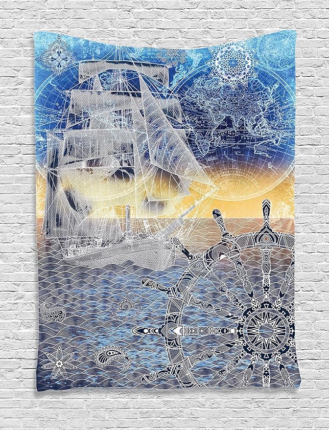 Ambesonne Mandala Tapestry, Nautical Print with Mandala Patterns Explorer Ship Map of The World Steering Wheel Sails, Wall Hanging for Bedroom Living Room Dorm Decor, 40" X 60", Blue Yellow