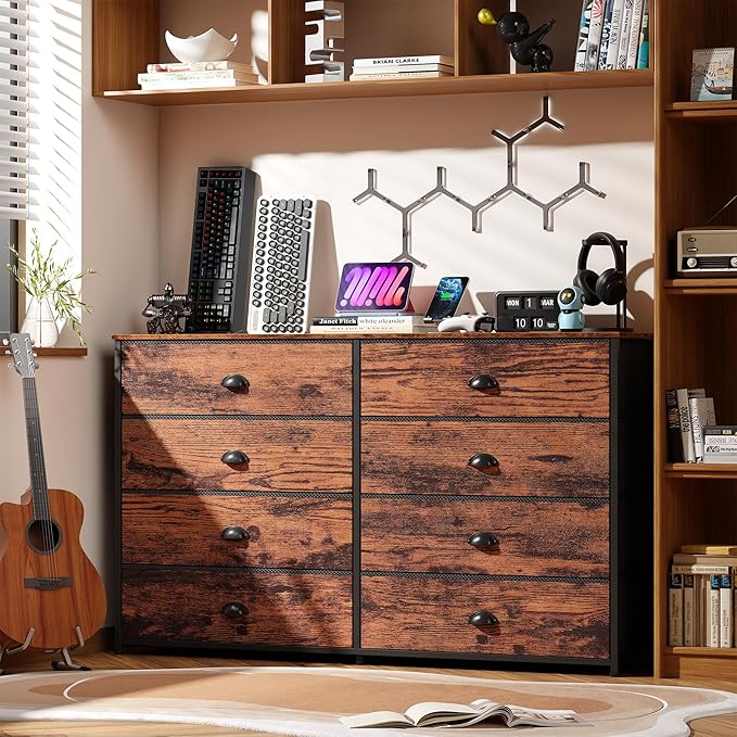 Furnulem Long Dresser for Bedroom, TV Stand for 55'' TV, Wide Storage Drawer Unit with 8 Fabric Bins, Double Dresser for Bedroom, Office, Dorm, Closet, Entryway, Wood Top (Rustic Brown)
