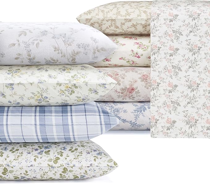 Laura Ashley - Flannel Sheets Full Size, Anti-Pilling & Wrinkle Resistant Cotton, Touchably Soft for All-Season Comfort - Bed Sheets with Matching Pillowcases & Fitted Sheet (Vanessa Blue)
