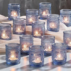 30 Pack Clear Glass Votive Candle Holders, Vintage Candle Holder Bulk, Tealight Candle Holders for Table Centerpieces, Home, Bridal Shower, Birthday, Christmas, Thanksgiving Party Table Decor (Blue)