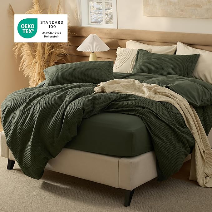 Bedsure 100% Cotton Duvet Cover King Size with Fitted Sheet - 4 Pieces Olive Green Waffle Weave Bedding Set, GentleSoft™ and Breathable, Includes 1 Duvet Cover 104x90, 1 Fitted Sheet, 2 Pillow Shams
