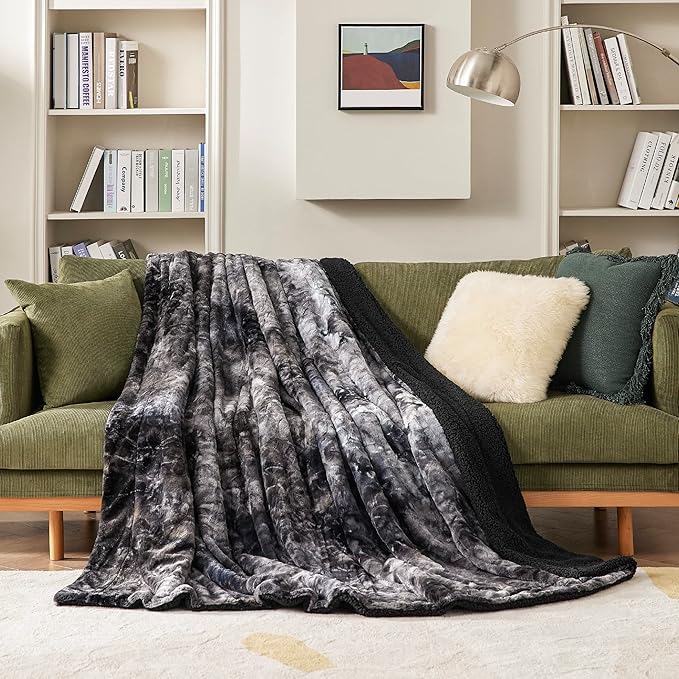 Bedsure GentleSoft Sherpa Fluffy Blanket Queen Size for Bed - Fleece Warm and Cozy for Women Gift, Plush & Fuzzy Faux Fur Christmas Blanket for Couch, Sofa Decor, Tie Dye Design, Black, 90x90 Inches