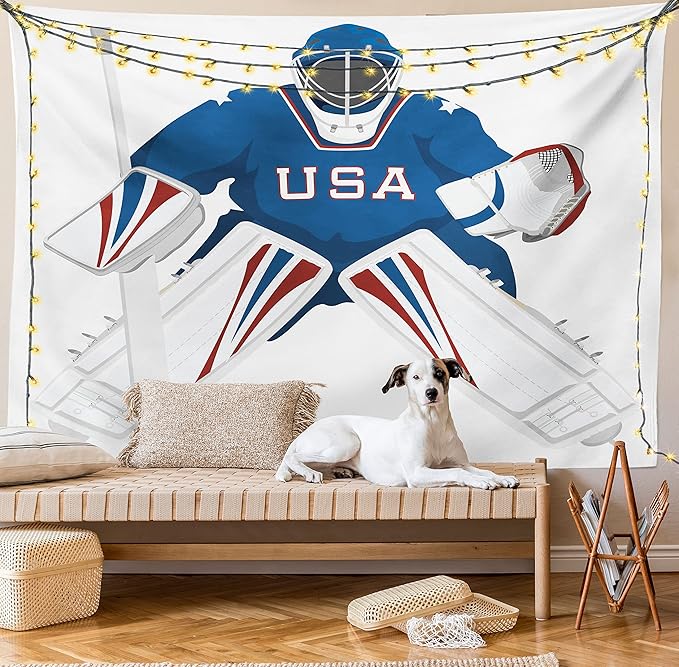 Ambesonne Sports Tapestry, USA Hockey Goalie Protection Jersey Sport Wear Activity Hobby Illustration, Wall Hanging for Bedroom Living Room Dorm Decor, 40" X 60", Burgundy White
