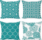Ambesonne Vintage Throw Pillow Cushion Case Pack of 4, Monochrome Design Grid Trellis Quatrefoil Mesh and Dahlia Flowers Modern Print, Modern Accent Double-Sided Digital Printing, 20", Teal and White