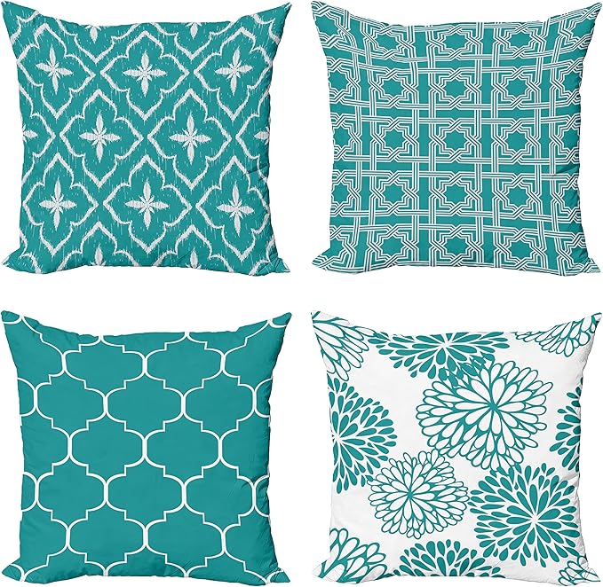 Ambesonne Vintage Throw Pillow Cushion Case Pack of 4, Monochrome Design Grid Trellis Quatrefoil Mesh and Dahlia Flowers Modern Print, Modern Accent Double-Sided Digital Printing, 24", Teal and White
