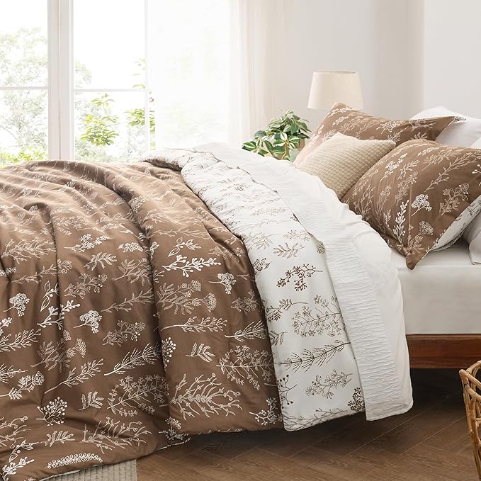 Bedsure Queen Comforter Set - Brown Bed Set, 3 Pieces Cute Floral Bedding, 1 Soft Reversible Botanical Flowers Comforter and 2 Pillow Shams