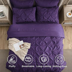 Bedsure Queen Comforter Set Purple - Bed in a Bag Queen Size Bedding 7 Pieces, GentleSoft™ Pintuck Bed Set Gift for Family, Pinch Pleat All Season Comforter with Sheets, Pillowcases & Shams