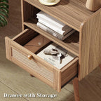 SUPERJARE Nightstand with Charging Station & Rattan-Like Decor Drawer, Rattan End Table with Solid Wood Feet, Bed Side Table with Open Storage, for Bedroom, Living Room, Dormitory, Walnut
