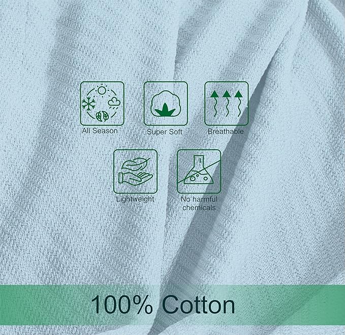 COTTON CRAFT Soft Cotton Thermal Blanket - Plush Herringbone Twill- All Season Luxurious Breathable Skin Friendly Lightweight Cooling Throw Blanket -Sofa Couch Travel Camping Dorm- Full Queen Sky Blue