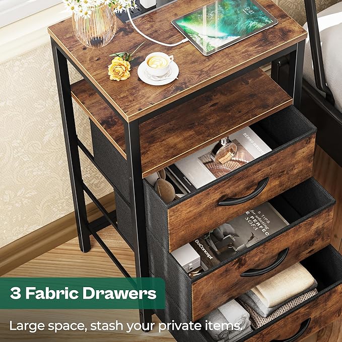 Huuger Nightstands Set of 2, 27.6 Inch End Tables with Charging Station, Fabric Drawers, Bedside Tables with USB Port and Outlet, Night Stands for Bedroom, Rustic Brown
