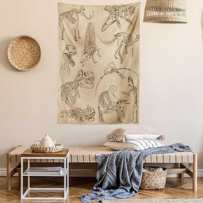 Lunarable Dinosaur Tapestry, Hand Drawn Style Skeletons Bones from Medieval Times Archeology Theme, Fabric Wall Hanging Decor for Bedroom Living Room Dorm, 23" X 28", Sand Brown Army Green