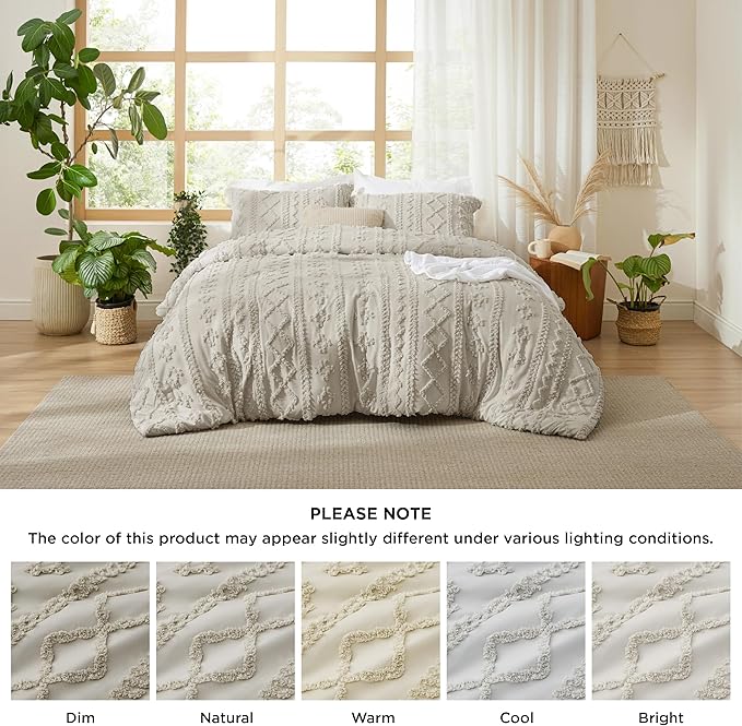 Bedsure Tufted Boho Comforter Set Oversized King - Linen Boho Bed Set, GentleSoft™ 3 Pieces Farmhouse Shabby Chic Embroidery Bedding, Gifts for Woman, Soft Jacquard Comforter for All Seasons