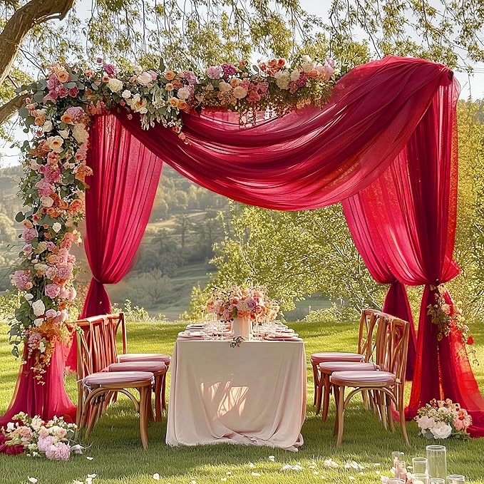 RYB HOME Sheer Valance for Window - Breezy Backdrop Curtains for Canopy Bed Stage Events Girls Bedroom Wedding Ceremoney Table Runner Outdoor Indoor Decor, 60 x 216 in per Panel, Burgundy