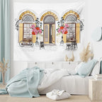 Lunarable Urban Tapestry King Size, European Coffee Shop at Paris Streets with Flowerbeds and Lanterns Romantic Print, Wall Hanging Bedspread Bed Cover Wall Decor, King Size, Beige Pink