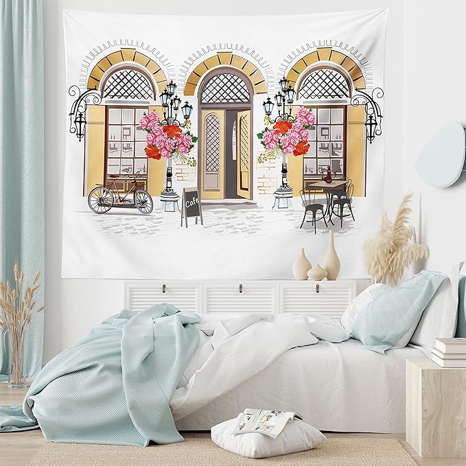 Lunarable Urban Tapestry King Size, European Coffee Shop at Paris Streets with Flowerbeds and Lanterns Romantic Print, Wall Hanging Bedspread Bed Cover Wall Decor, King Size, Beige Pink