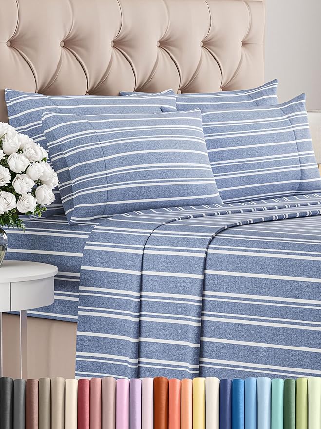 King 6 Piece Sheet Set - Comfy Breathable & Cooling - Soft Hotel Luxury Bedding Set with 8-16 Inch Deep Pockets - 1 Flat & 1 Fitted Sheet & 4 Pillowcases - Wrinkle Free & Easy Care - Blue Stripes 3