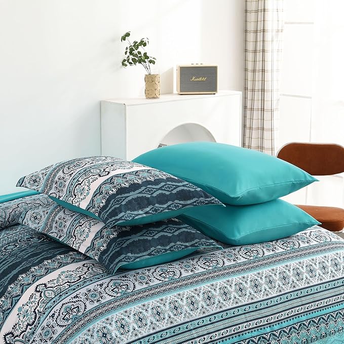 Cottolester Boho Queen Comforter Set 8 Pieces, Teal Comforter Bohemian Striped Bed in A Bag,Soft Microfiber Bedding Set for All Seasons