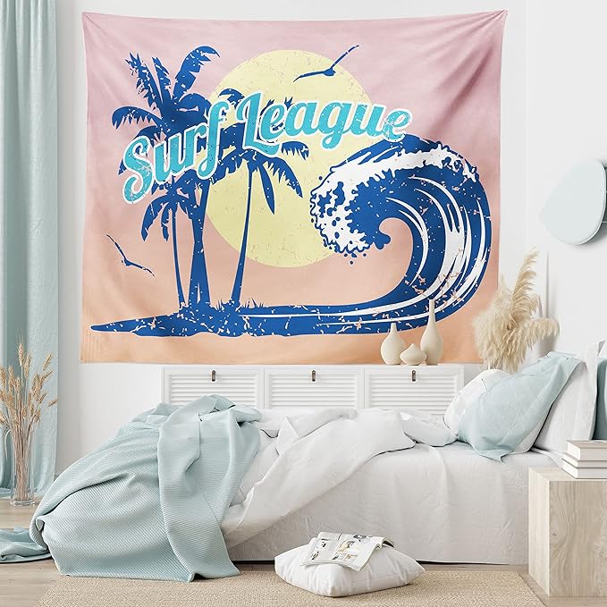 Lunarable Vintage Hawaii Tapestry, Surf League Lettering with Wave Tropical Trees and Birds Silhouettes Print, Fabric Wall Hanging Decor for Bedroom Living Room Dorm, 45" X 30", Pink Blue