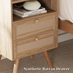 SUPERJARE 2 Drawer Night Stand with Charger Station, Boho Rattan Nightstand Set of 2, 25.2 Inch Tall Bed Side Table with Solid Wood Feet, End Table, Open Storage, Synthetic Rattan, Walnut