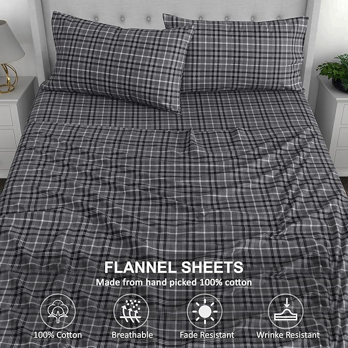 RUVANTI Flannel Sheets Twin Size - 100% Cotton Double Brushed Twin Sheets Set, Deep Pockets 16 Inches, All Seasons Breathable & Extra Soft Bed Sheets, Warm & Cozy, 3 Piece, Grey Plaid