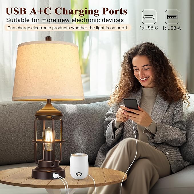 QiMH Table Lamp for Bedroom with USB A+C Ports, Farmhouse Bedside Lamp with Night Light, 3-Way Dimmable Touch Control, Rustic Industrial Nightstand Lamp for Living Room,1 Pack (2700K Bulbs Included)