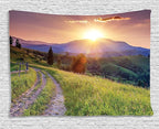 Ambesonne Landscape Tapestry, Sunset in The Mountain Landscape Rural Road Forest Countryside Wonderland Print, Wide Wall Hanging for Bedroom Living Room Dorm, 60" X 40", Green Lilac
