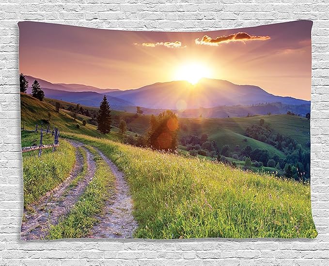 Ambesonne Landscape Tapestry, Sunset in The Mountain Landscape Rural Road Forest Countryside Wonderland Print, Wide Wall Hanging for Bedroom Living Room Dorm, 80" X 60", Green Lilac