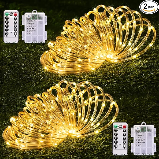 JMEXSUSS 2 Pack Battery Operated Rope Lights Warm White - Outdoor Waterproof, 200LED 66ft 8 Modes Battery Powered String Lights Outdoor with Remote for Camping Tent Trampoline Christmas Decorations