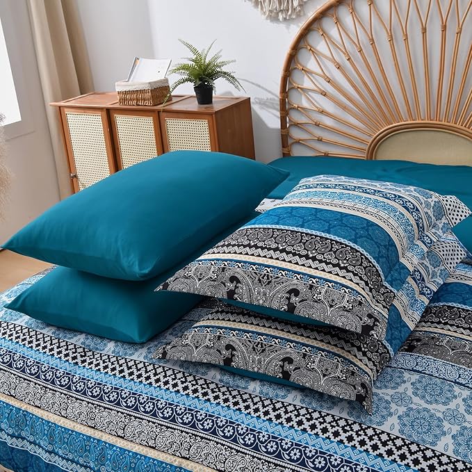 Cottolester Boho Comforter Set Queen Size,8 Pieces Teal Blue Bohemian Striped Bed in a Bag,Paisley Soft Microfiber Bedding Comforter Set