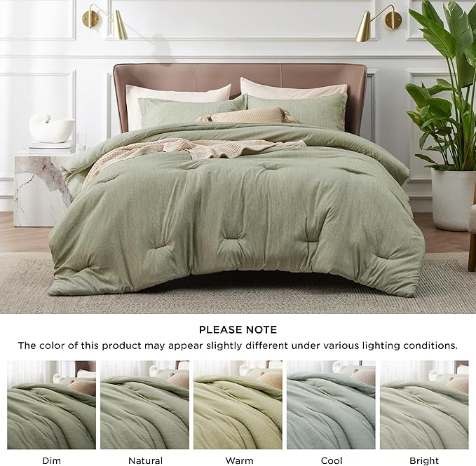 Bedsure Queen Comforter Set - Olive Green Soft Bedding for All Seasons, Cationic Dyed Bed Set, 3 Pieces, 1 Queen Size Comforter (90"x90") and 2 Pillow Shams (20"x26"+2")