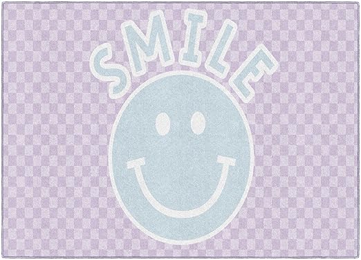 Flagship Carpets Schoolgirl Style Smiley on Lavender Checkerboard Educational Area Rug for Kids Room Seating Décor, Children's Classroom, Play Carpet for Teaching and Playroom, 5' x 7'6", Purple