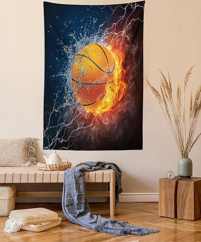 Ambesonne Sports Tapestry, Basketball Ball and Water Splashing Thunder Lightning Themed Design, Wall Hanging for Bedroom Living Room Dorm Decor, 60" X 80", Dark Blue and Burgundy