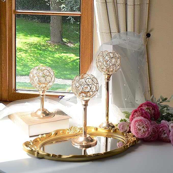Crystal Metal Tealight Candlestick, Bling Bowl Candelabras, Tall Crystal Votive Candle Holders Elegant Crystal Candle Centerpiece for Dining Table Wedding Decor (Set of 3, Gold)