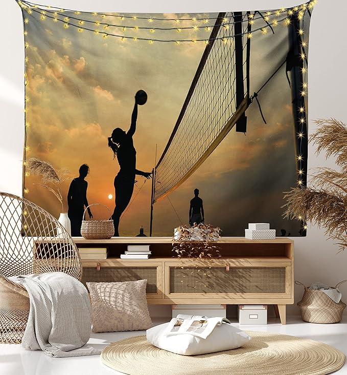 Lunarable Volleyball Tapestry, Beach Sports at Sunset Open Sky Net and Ball Activity Excitement Fun and Games, Wide Wall Hanging for Bedroom Living Room Dorm, 60" X 40", Black