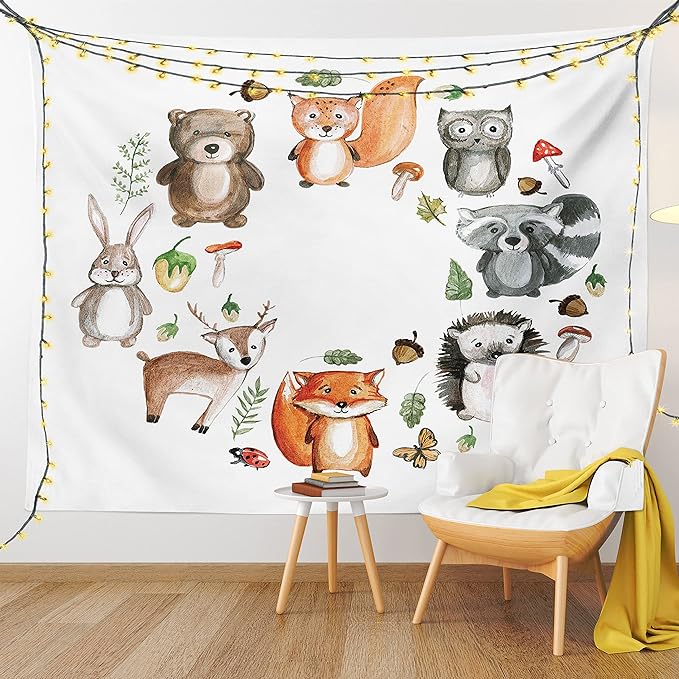 Lunarable Woodland Tapestry, Animals of The Forest Mushrooms Acorns Circular Frame Cartoon Pastel Colors, Wide Wall Hanging for Bedroom Living Room Dorm, 60" X 40", Multicolor