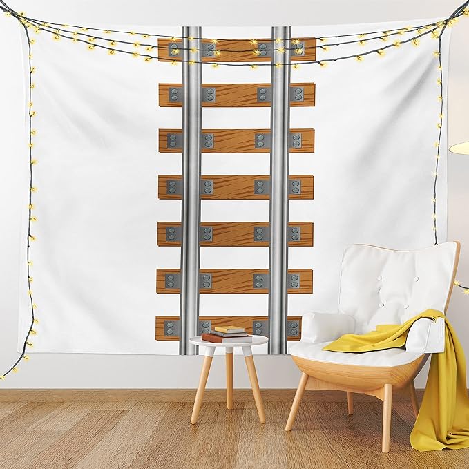 Lunarable Train Tapestry King Size, Vertical Tracks Railroad for Trains Ways of Transportation in The Old Days, Wall Hanging Bedspread Bed Cover Wall Decor, King Size, Brown White