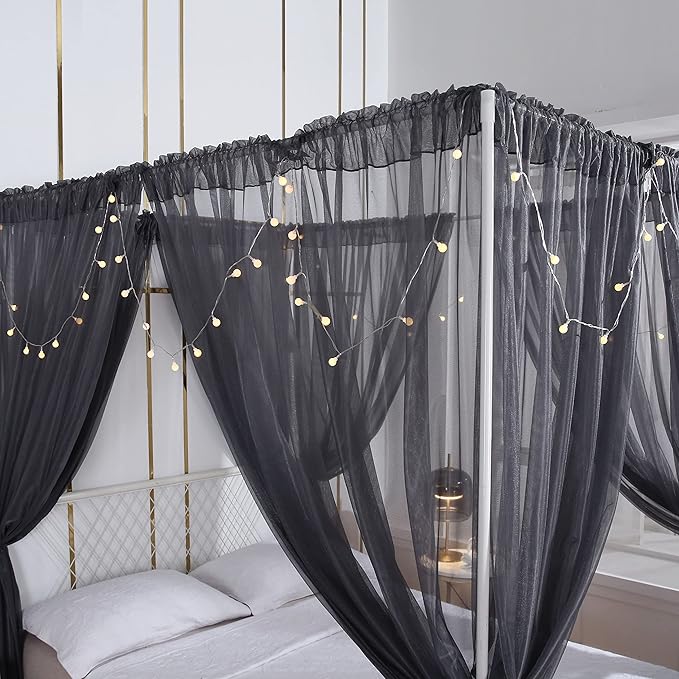 Akiky Canopy Bed Curtains Bed Canopy for Girls Room Elegant Sheer Curtain for Twin Full Queen Size Bed Drapes,8 Panels Canopies with Light,Room Décor(Full/Queen, Gray Canopy)