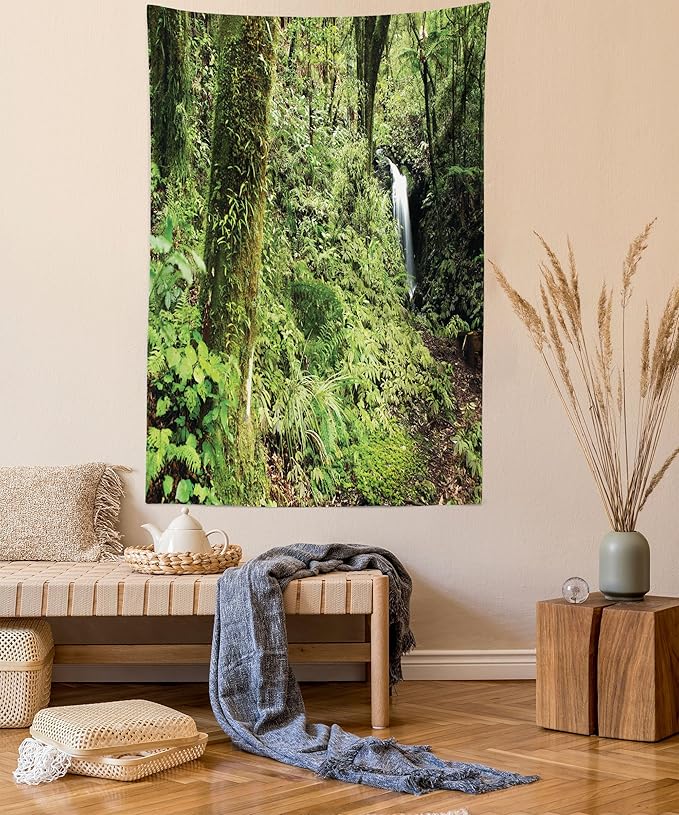 Lunarable Woodland Tapestry Twin Size, Waterfall in Deep Forest Scenery in The Woods Green of Earth Covering Plants, Wall Hanging Bedspread Bed Cover Wall Decor, Twin Size, Forest Green
